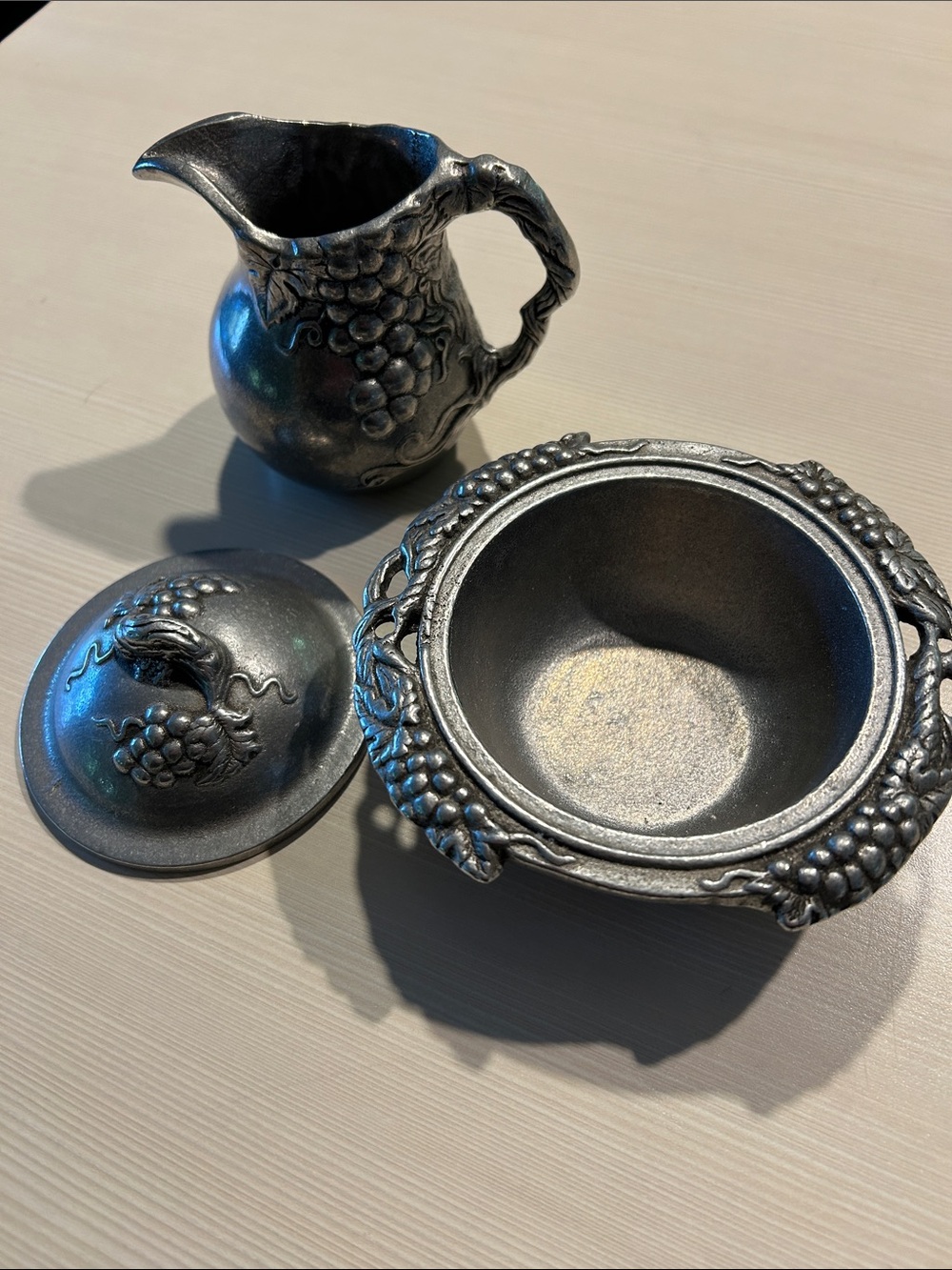 Vintage Carson Pewter vineyard Motif Pitcher and Covered Bowl Set